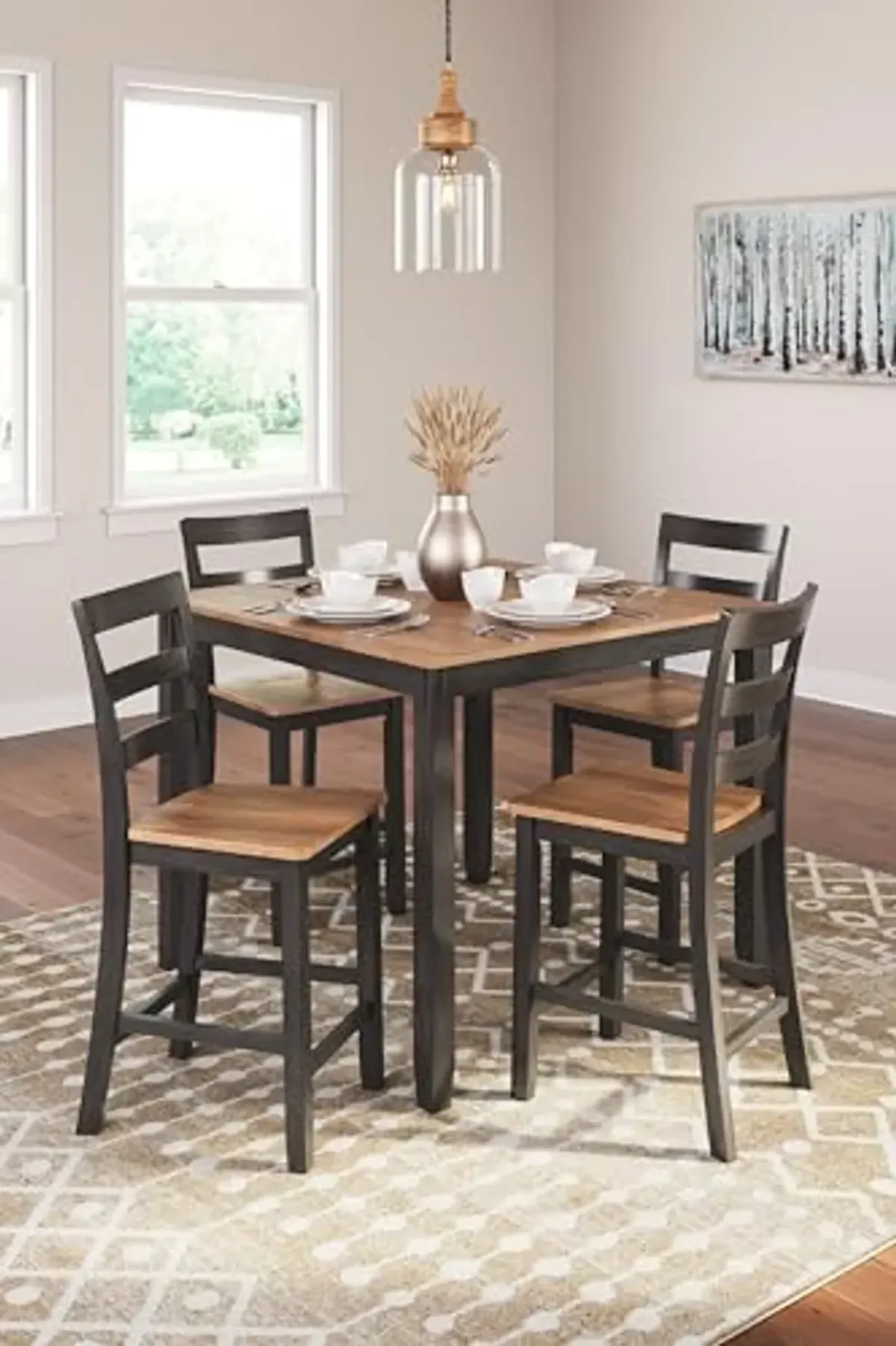 Signature Deisgn by Ashley Gesthaven Barstools Counter Height Dining Table and 4 Bar Stools, Set of 5, 42" W x 42" D x 36" H, Light Brown & Dark Brown