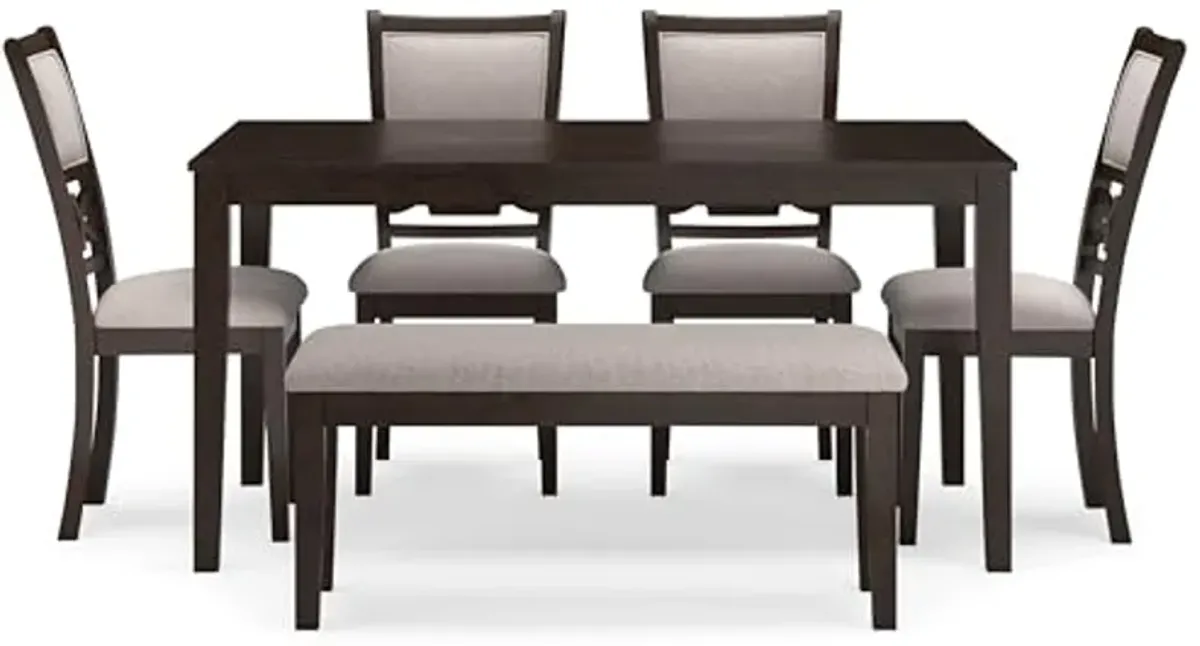 Signature Design by Ashley Langwest Transitional Diamond Patterned Dining Table with 4 Upholstered Chairs and Bench, Set of 6, Dark Brown & Beige