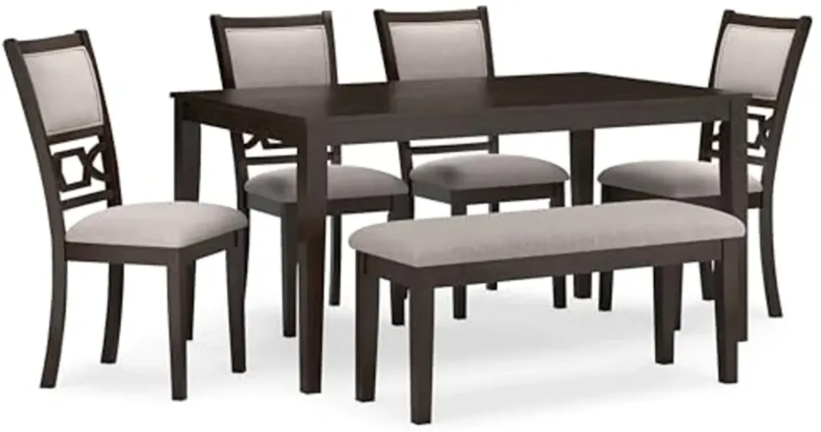 Signature Design by Ashley Langwest Transitional Diamond Patterned Dining Table with 4 Upholstered Chairs and Bench, Set of 6, Dark Brown & Beige