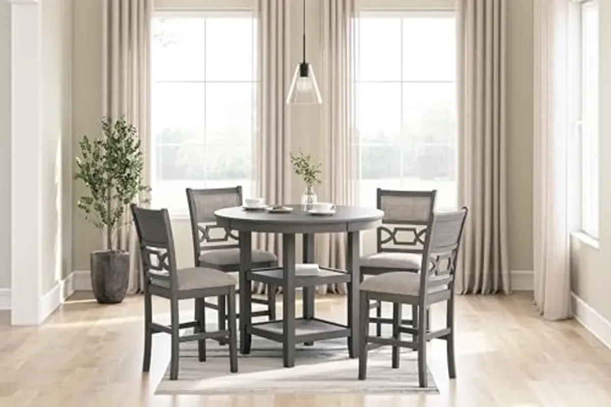 Signature Design by Ashley Wrenning Modern Diamond Patterned Counter Height Dining Table and 4 Upholstered Bar Stools with 2 Shelves, Set of 5, Gray & Light Gray