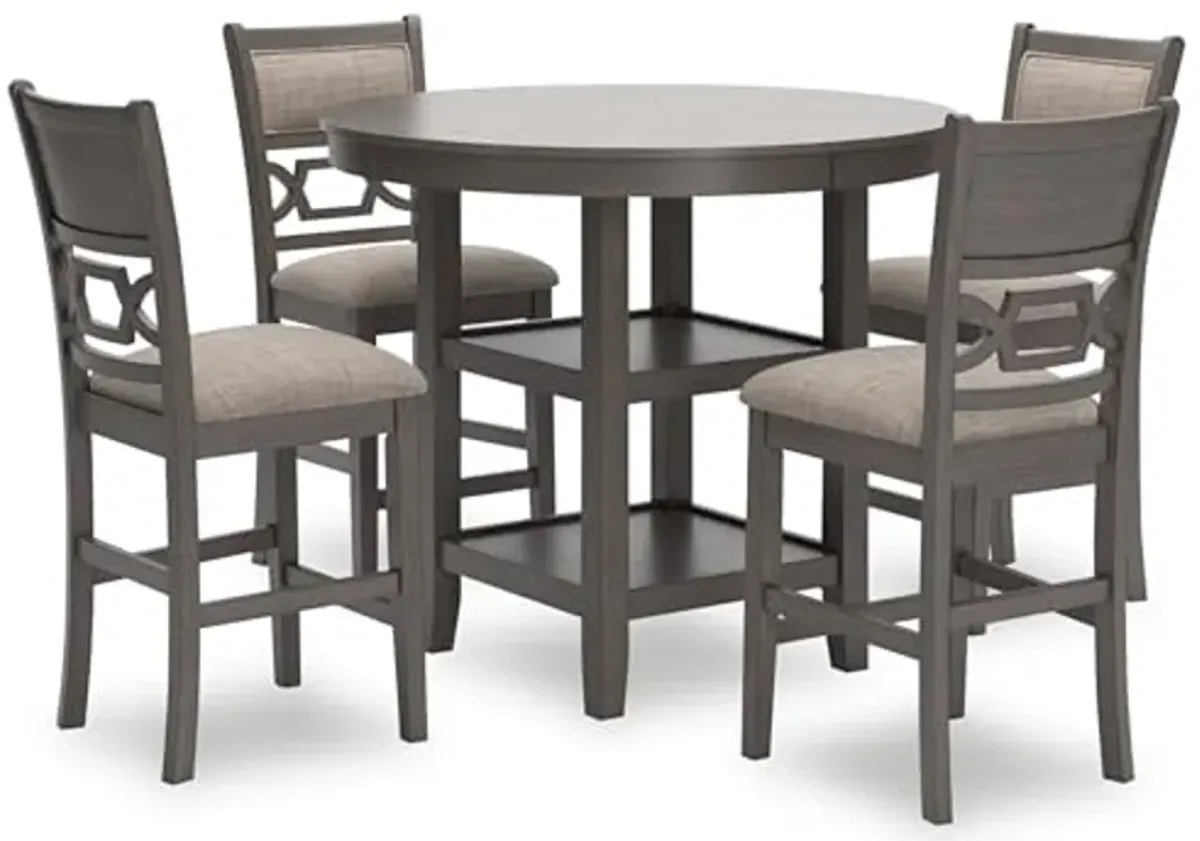 Signature Design by Ashley Wrenning Modern Diamond Patterned Counter Height Dining Table and 4 Upholstered Bar Stools with 2 Shelves, Set of 5, Gray & Light Gray