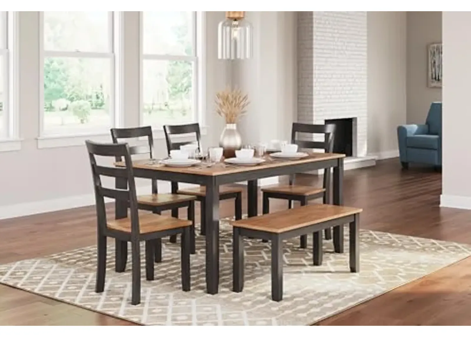 Signature Deisgn by Ashley Gesthaven Dining Table with 4 Chairs and Bench, Set of 6, 60" W x 36" D x 30" H, Light Brown & Dark Brown