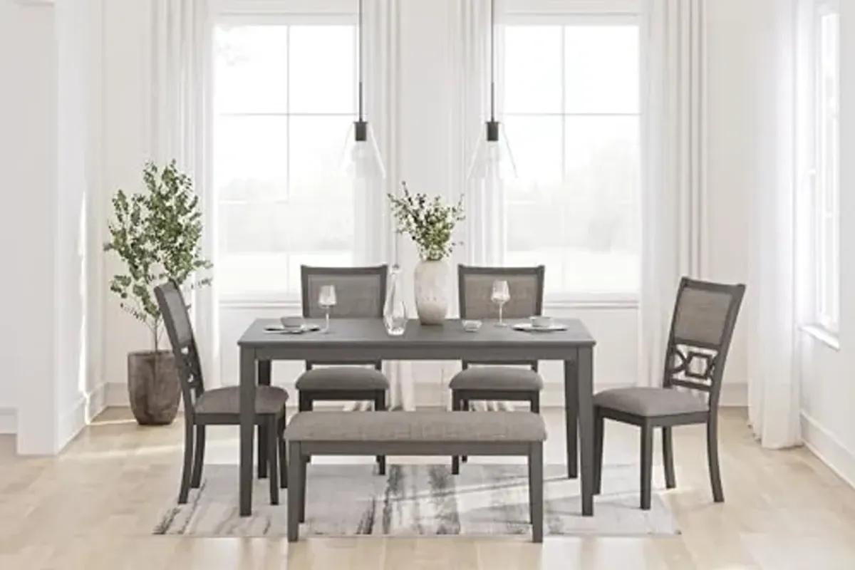 Signature Deisgn by Ashley Wrenning Dining Table and 4 Chairs and Bench, Set of 6, 60" W x 36" D x 30" H, Gray & Light Gray