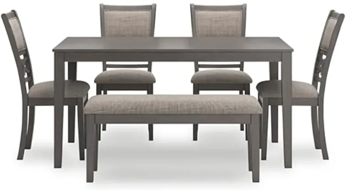 Signature Design by Ashley Wrenning Modern Diamond Patterned Dining Table with 4 Upholstered Chairs and Bench, Set of 6, Gray & Light Gray