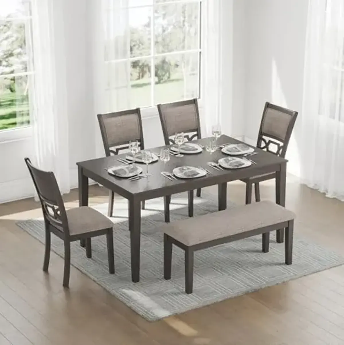 Signature Design by Ashley Wrenning Diamond Patterned Dining Table Set, 4 Upholstered Chairs and Bench, Seats 6, Wood, Gray