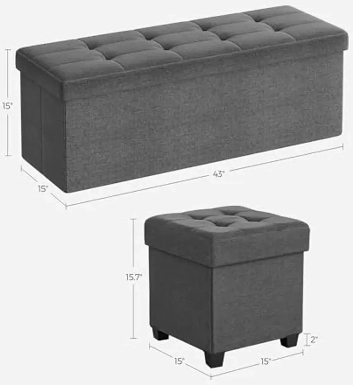 SONGMICS 2-Item Bundle - 43 Inches Folding Storage Ottoman and 15 Inches Cube Storage Ottoman, Storage Chest, Foot Rest Stool, Bedroom Bench with Storage, Dark Gray ULSF77K and ULSF14GYZ