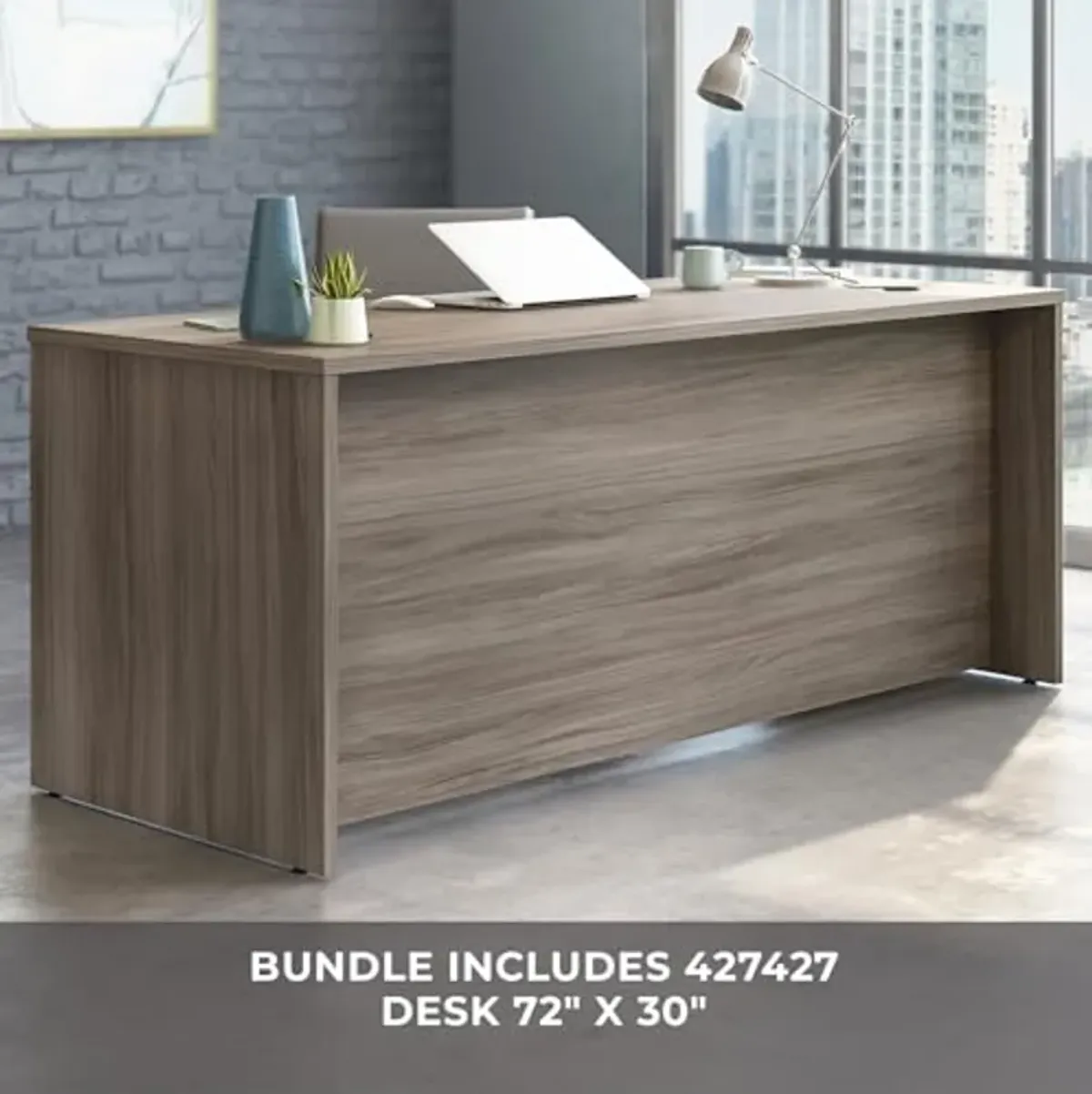 OFFICE WORKS BY SAUDER Affirm 72" x 30" 2-File Single Ped Desk, L: 71.10" x W: 29.49" x H: 29.29", Hudson Elm Finish