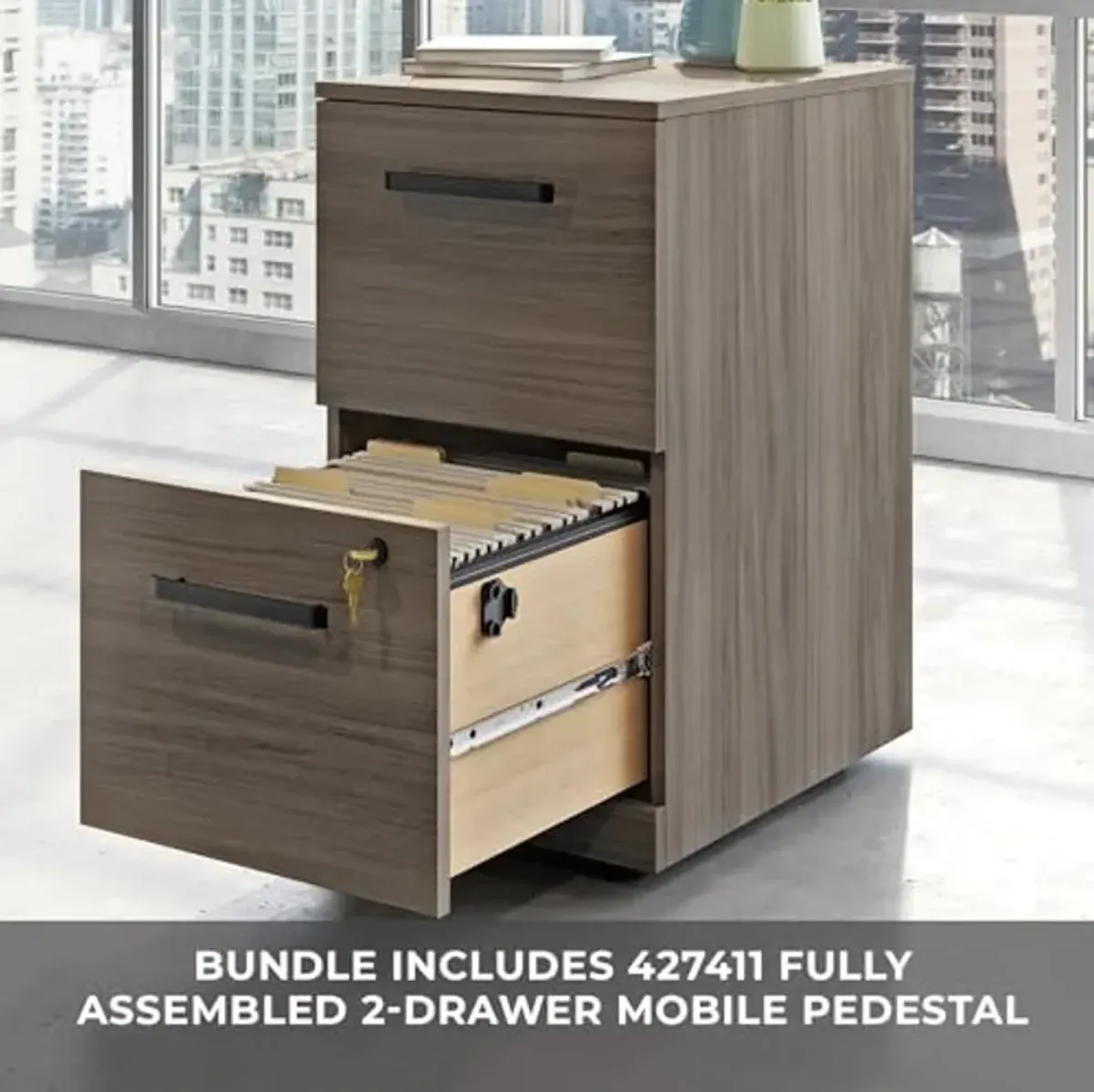 OFFICE WORKS BY SAUDER Affirm 72" x 30" 2-File Single Ped Desk, L: 71.10" x W: 29.49" x H: 29.29", Hudson Elm Finish