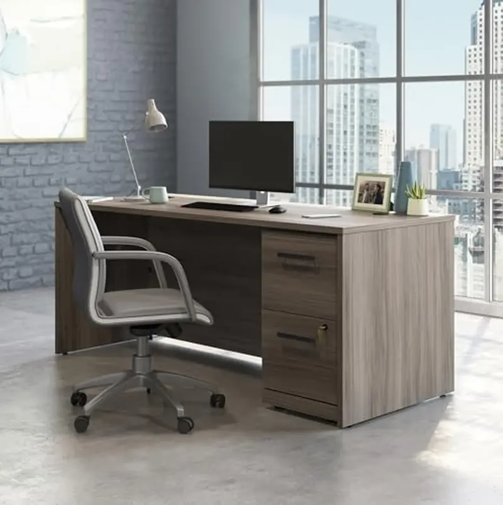 OFFICE WORKS BY SAUDER Affirm 72" x 30" 2-File Single Ped Desk, L: 71.10" x W: 29.49" x H: 29.29", Hudson Elm Finish