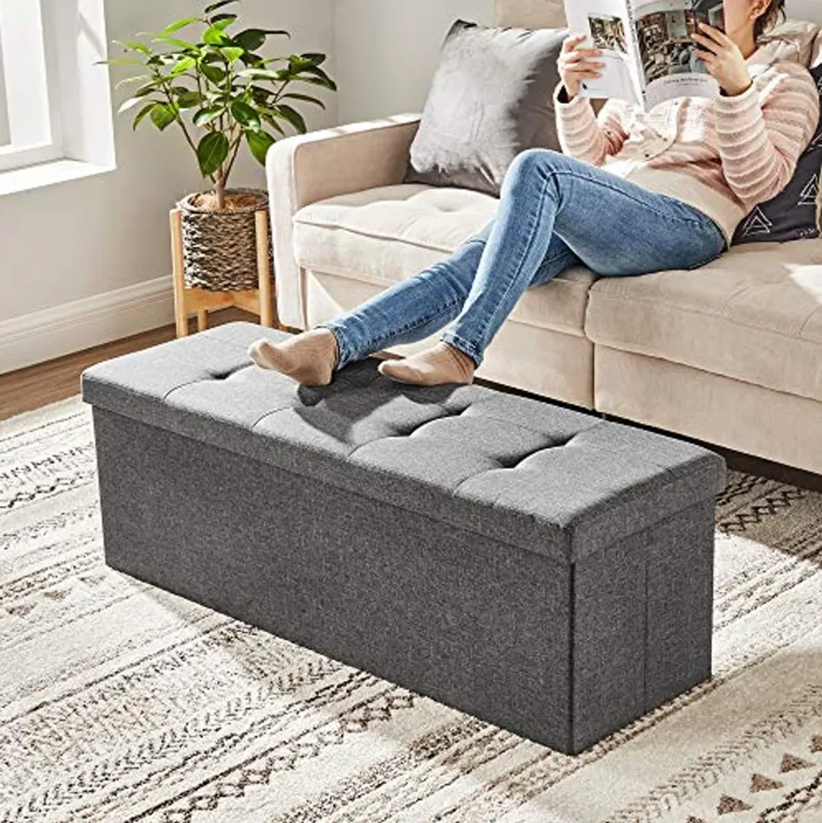 SONGMICS 2-Item Bundle - 43 Inches Folding Storage Ottoman Bench and Small Folding Storage Ottoman, Storage Chest, Foot Rest Stool, Cube Footrest, Dark Gray and Coffee Brown ULSF77K and ULSF100K01