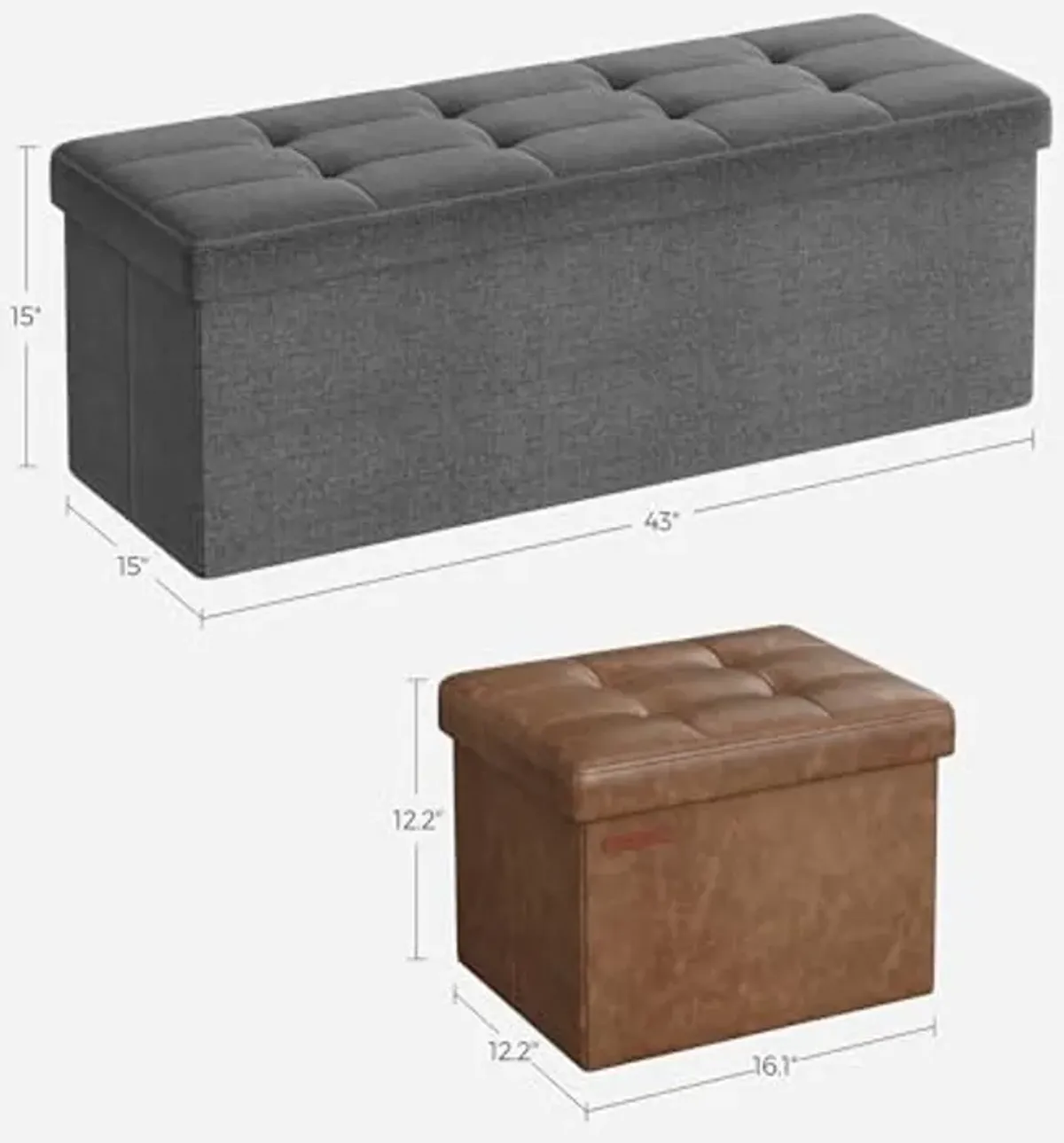 SONGMICS 2-Item Bundle - 43 Inches Folding Storage Ottoman Bench and Small Folding Storage Ottoman, Storage Chest, Foot Rest Stool, Cube Footrest, Dark Gray and Coffee Brown ULSF77K and ULSF100K01