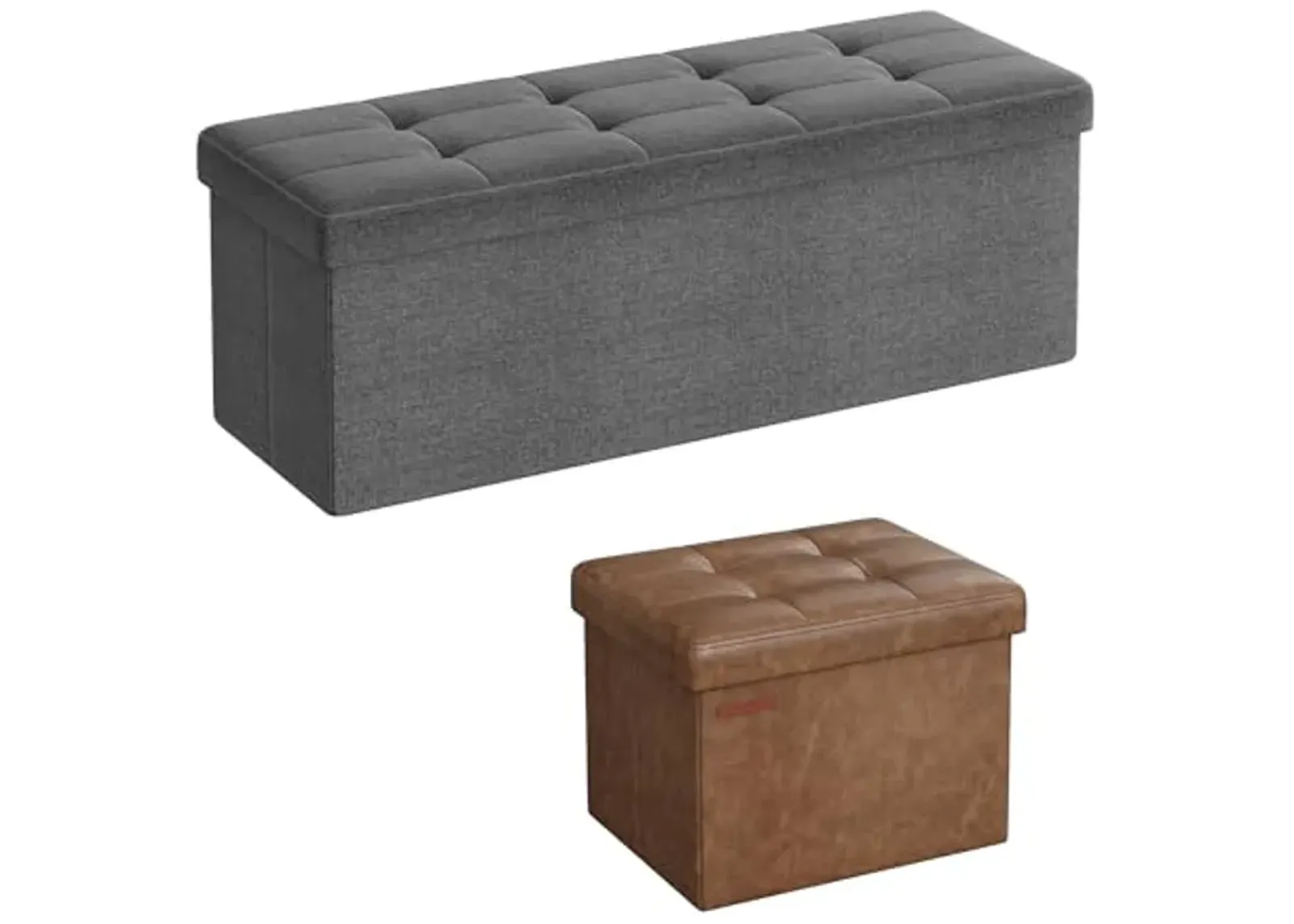 SONGMICS 2-Item Bundle - 43 Inches Folding Storage Ottoman Bench and Small Folding Storage Ottoman, Storage Chest, Foot Rest Stool, Cube Footrest, Dark Gray and Coffee Brown ULSF77K and ULSF100K01