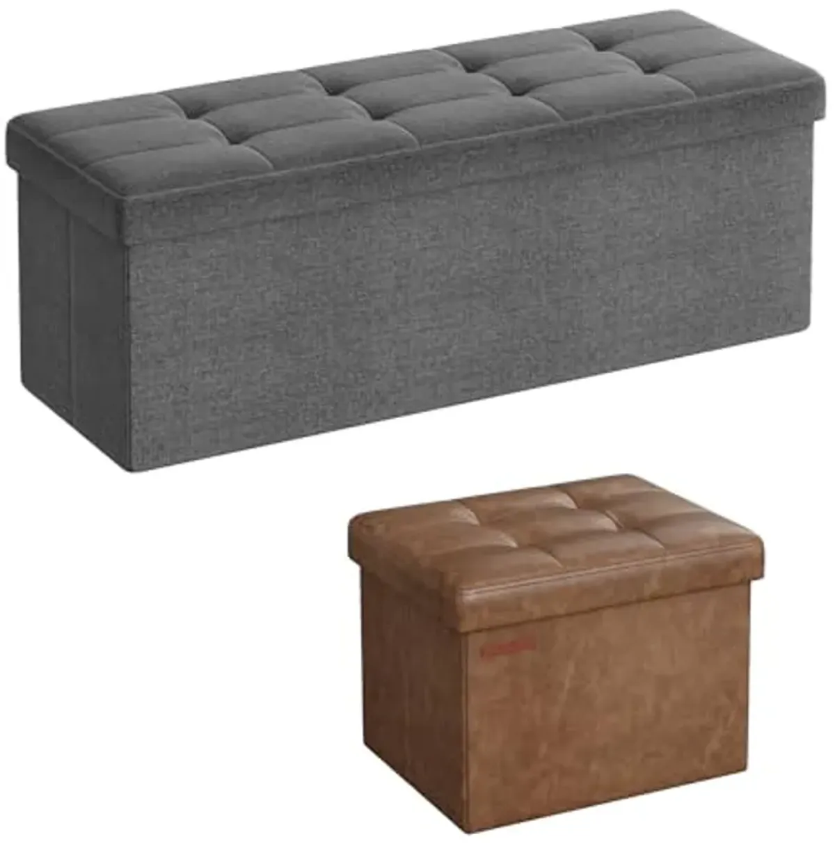 SONGMICS 2-Item Bundle - 43 Inches Folding Storage Ottoman Bench and Small Folding Storage Ottoman, Storage Chest, Foot Rest Stool, Cube Footrest, Dark Gray and Coffee Brown ULSF77K and ULSF100K01