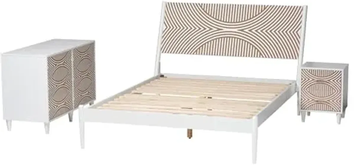 Baxton Studio Louetta Coastal White Caved Contrasting King Size 3-Piece Bedroom Set