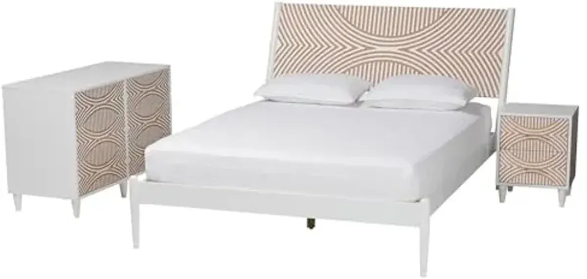 Baxton Studio Louetta Coastal White Caved Contrasting King Size 3-Piece Bedroom Set