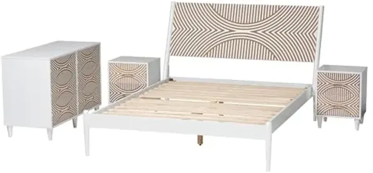 Baxton Studio Louetta Coastal White Caved Contrasting Queen Size 4-Piece Bedroom Set