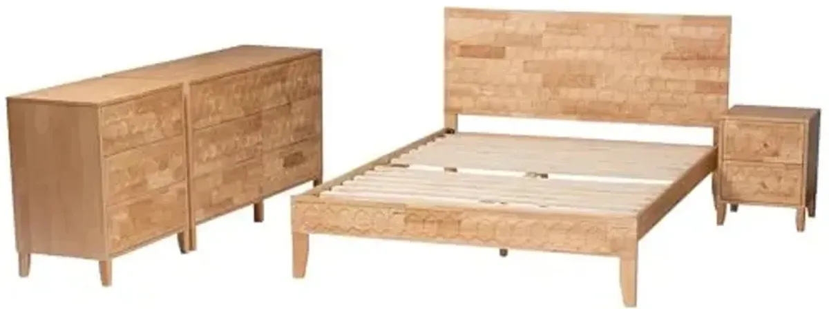 Baxton Studio Hosea Japandi Carved Honeycomb Natural King Size 4-Piece Bedroom Set