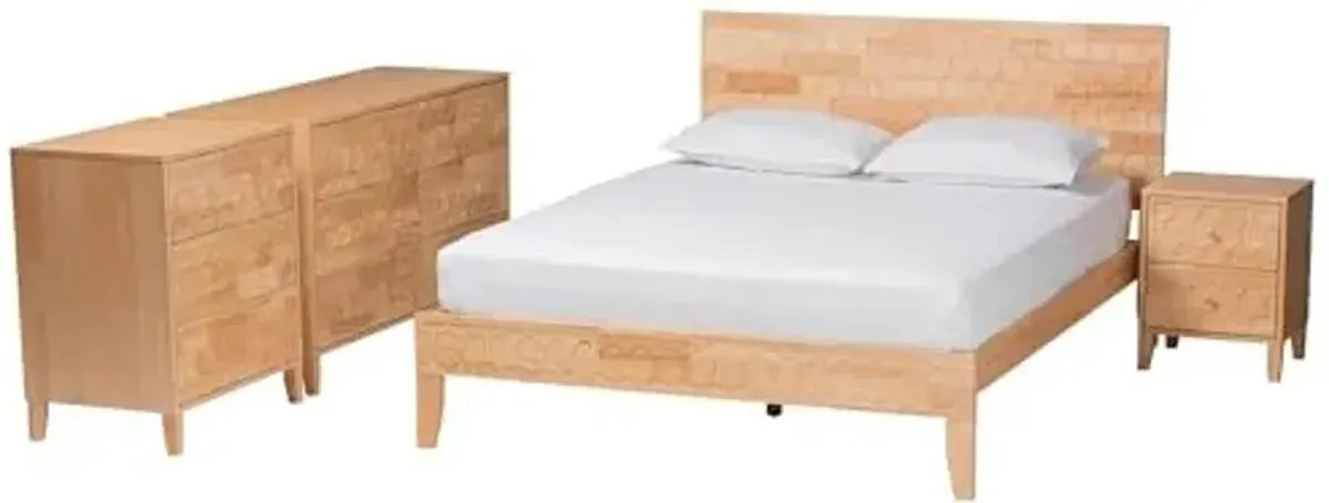 Baxton Studio Hosea Japandi Carved Honeycomb Natural King Size 4-Piece Bedroom Set