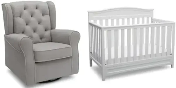 Delta Children Emerson Upholstered Glider Swivel Rocker Chair & Emery 4-in-1 Convertible Crib, Dove Grey and White