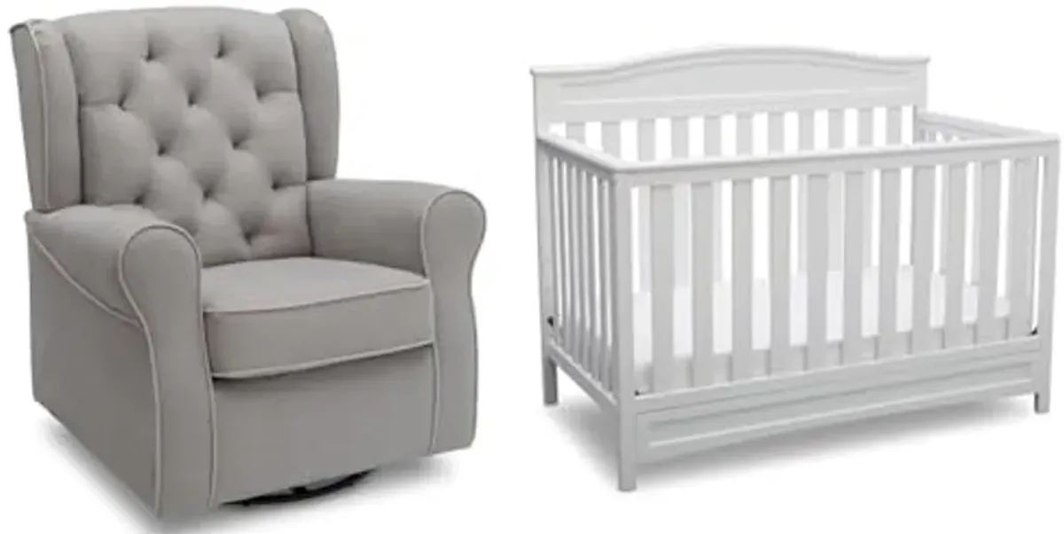 Delta Children Emerson Upholstered Glider Swivel Rocker Chair & Emery 4-in-1 Convertible Crib, Dove Grey and White