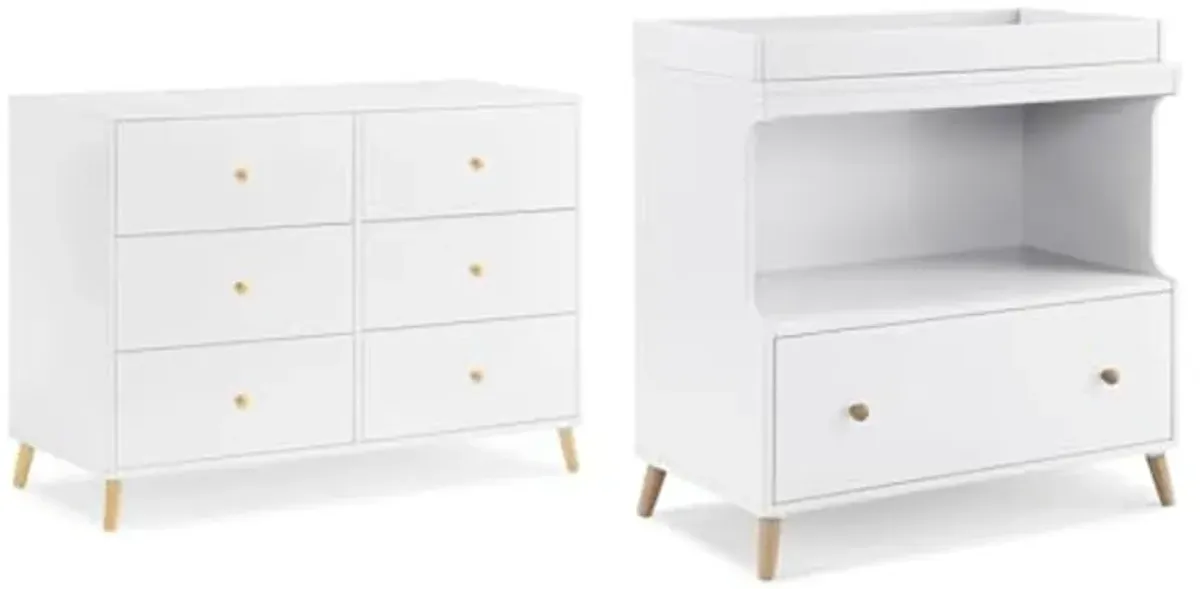 Delta Children Essex 6 Drawer Dresser and Convertible Changing Table Bundle, Bianca White/Natural