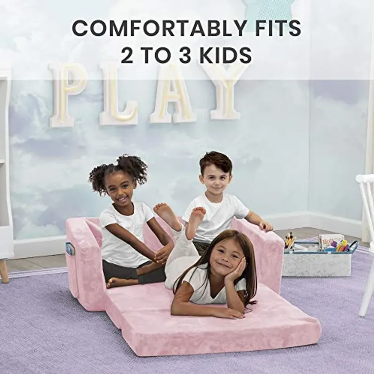 Delta Children 4-Piece Pink/White Toddler Playroom Set and Serta Pink Convertible Sofa to Lounger for Kids