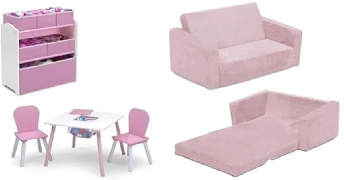 Delta Children 4-Piece Pink/White Toddler Playroom Set and Serta Pink Convertible Sofa to Lounger for Kids