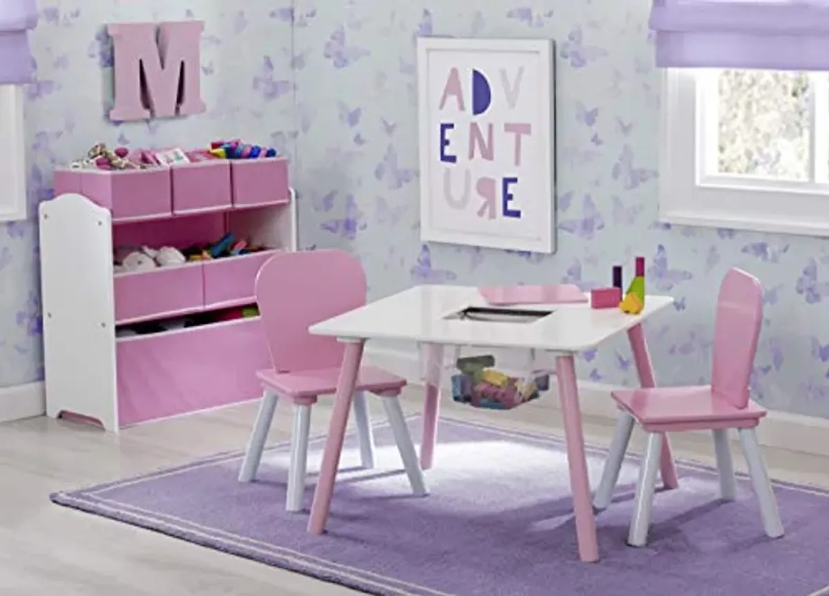 Delta 4-Piece Toddler Playroom Furniture Set and MySize Kids Storage Bench Activity Table, Pink/White/Grey