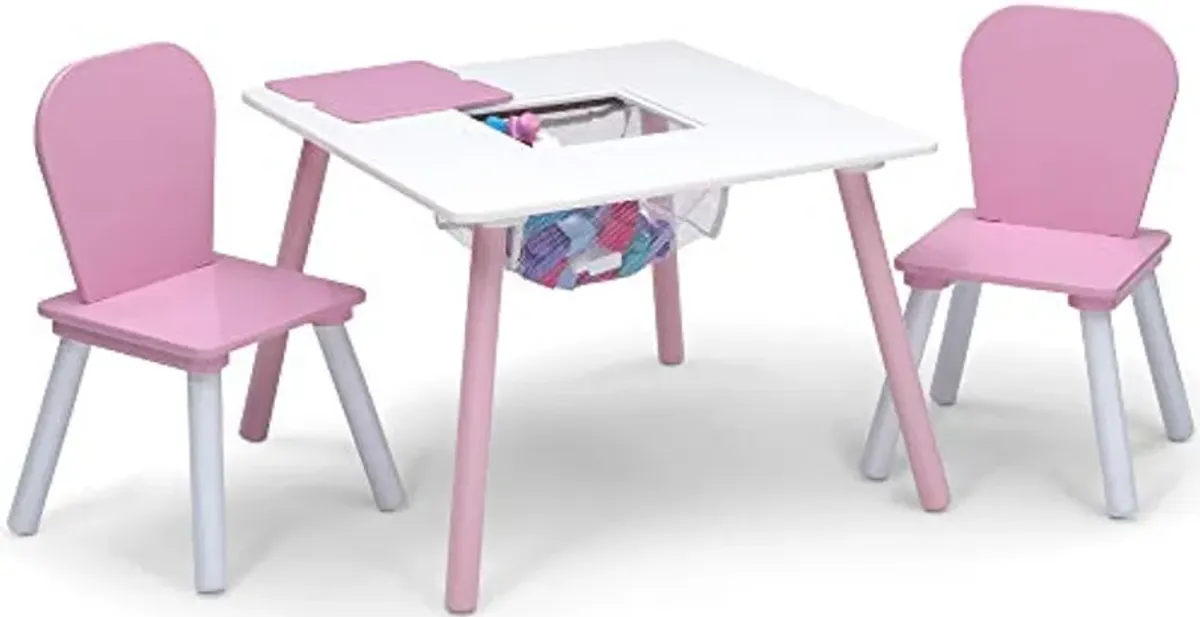 Delta 4-Piece Toddler Playroom Furniture Set and MySize Kids Storage Bench Activity Table, Pink/White/Grey