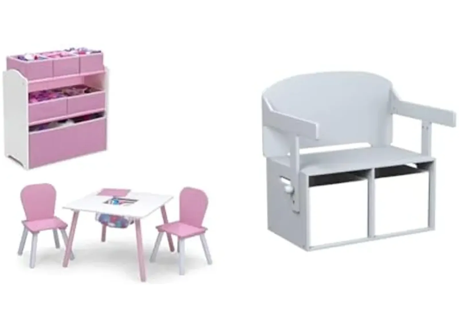 Delta 4-Piece Toddler Playroom Furniture Set and MySize Kids Storage Bench Activity Table, Pink/White/Grey