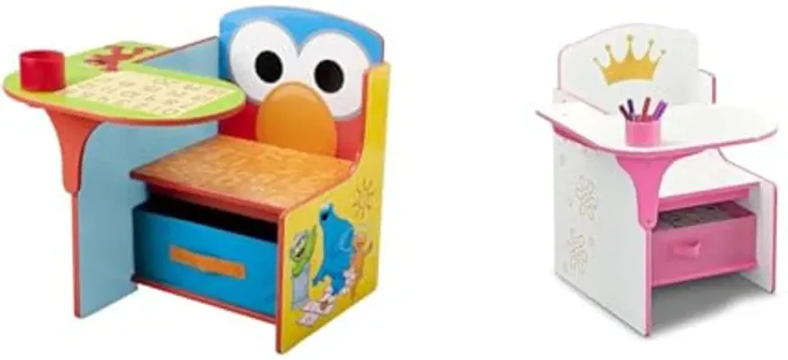 Delta Children Sesame Street and Princess Crown Chair Desks with Storage Bins, White/Pink and Sesame Street