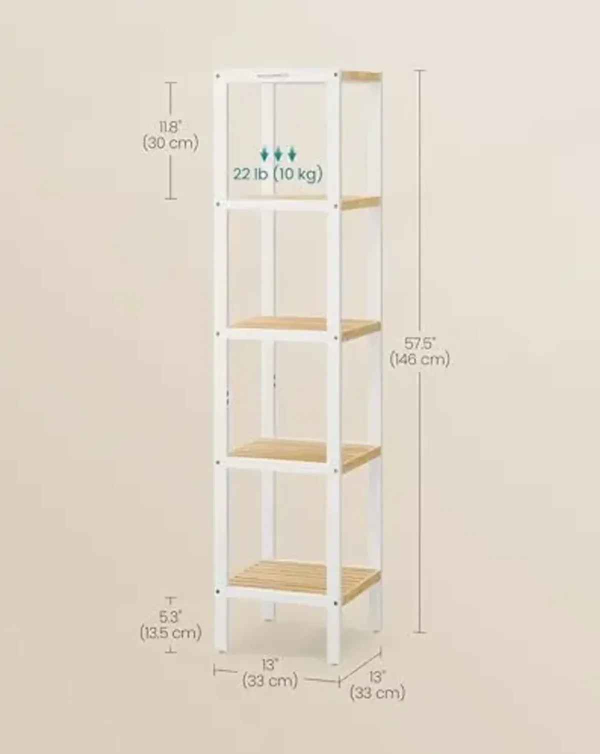 SONGMICS Bamboo Storage Shelf, 5-Tier Shelving Unit, Multifunctional, in The Entryway, Bathroom, Living Room, Balcony, Kitchen, 13 x 13 x 57.5 Inches, Cloud White and Light Bamboo UBCB055N01