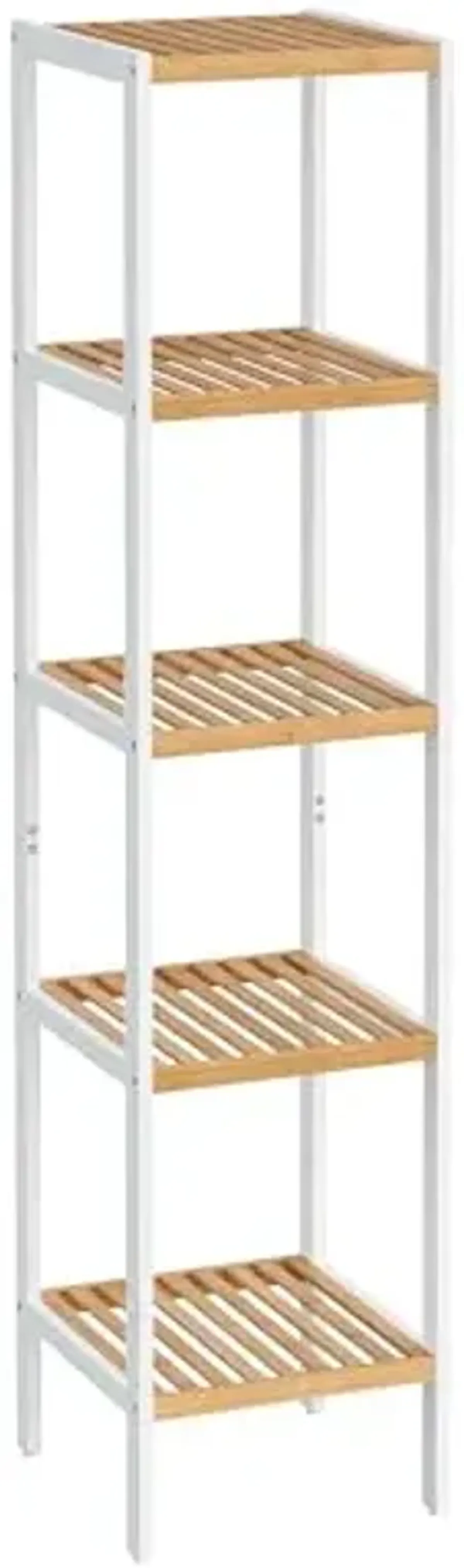 SONGMICS Bamboo Storage Shelf, 5-Tier Shelving Unit, Multifunctional, in The Entryway, Bathroom, Living Room, Balcony, Kitchen, 13 x 13 x 57.5 Inches, Cloud White and Light Bamboo UBCB055N01