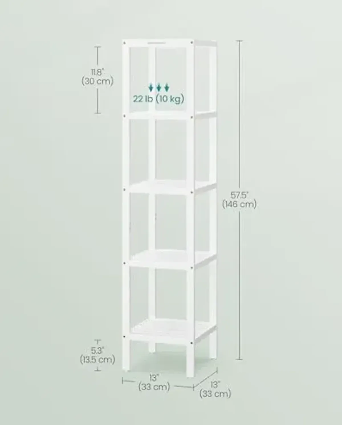 SONGMICS Bamboo Storage Shelf, 5-Tier Shelving Unit, Multifunctional, in The Entryway, Bathroom, Living Room, Balcony, Kitchen, 13 x 13 x 57.5 Inches, Cloud White UBCB055W01