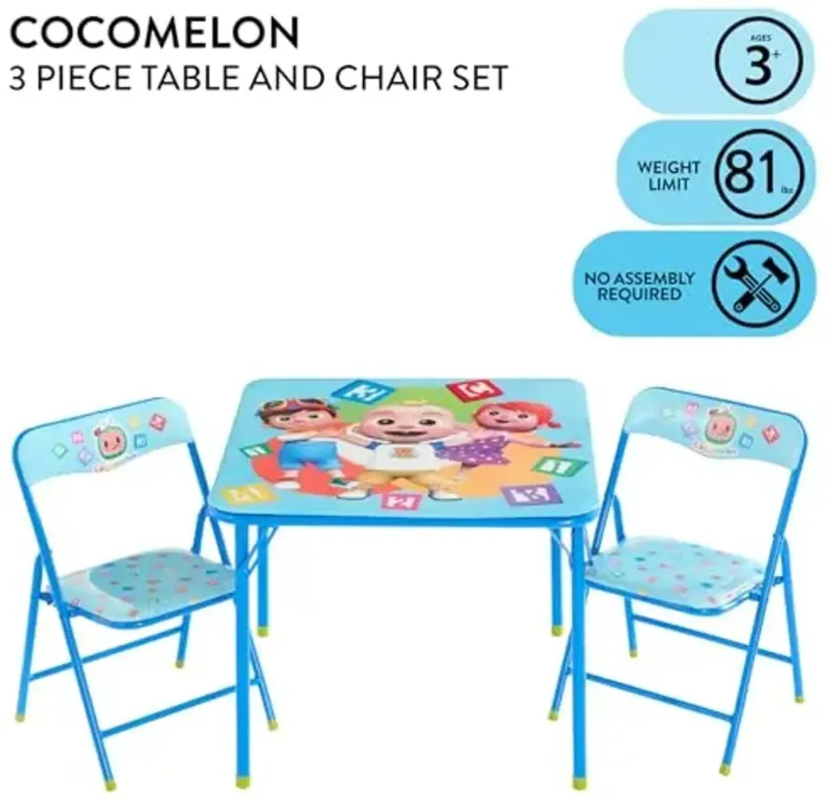 Cocomelon 3-Piece Kids Activity Table and Chairs Set,Square Table with 2 Folding Chairs for Children Ages 3+, Indoor Playroom, Arts and Crafts, Snack Time, Learning