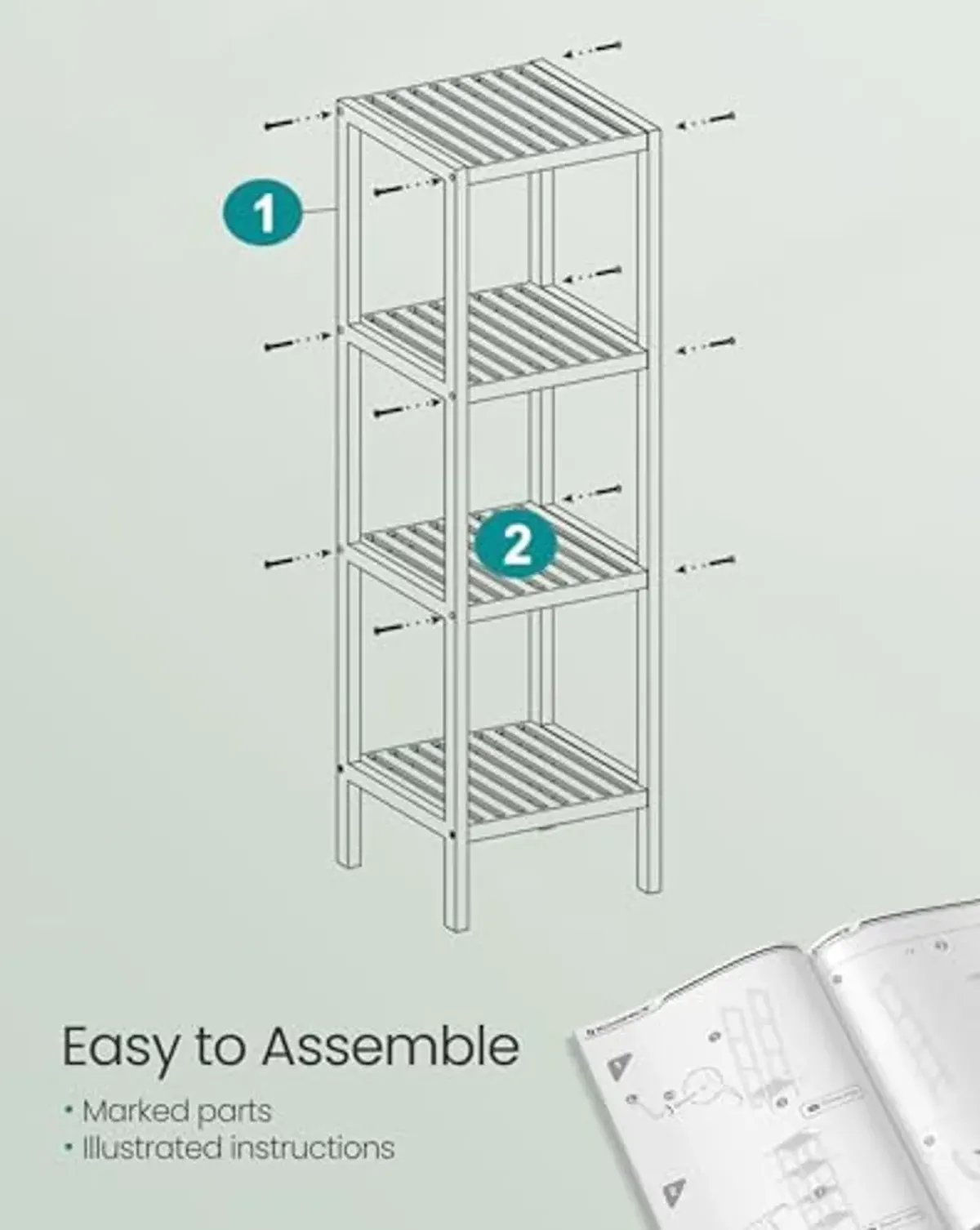 SONGMICS 4-Tier Bamboo Bathroom Shelf, Narrow Shelving Unit, Multifunctional Storage Rack, Corner Rack, for Kitchen, Living Room, Bedroom, Entryway, Bathroom, Cloud White UBCB054W01