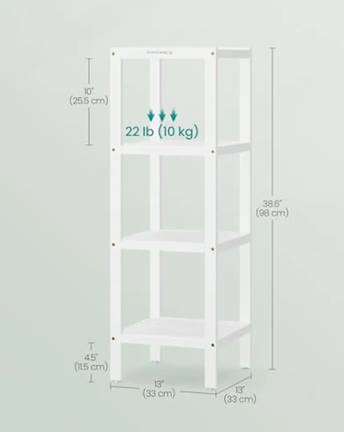 SONGMICS 4-Tier Bamboo Bathroom Shelf, Narrow Shelving Unit, Multifunctional Storage Rack, Corner Rack, for Kitchen, Living Room, Bedroom, Entryway, Bathroom, Cloud White UBCB054W01