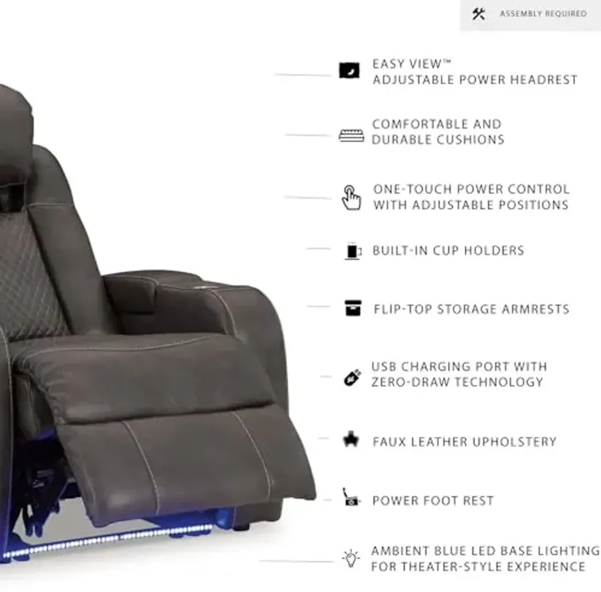 Signature Design by Ashley Fyne-Dyme Contemporary Power Recliner with Adjustable Headrest, Cup Holders and LED Lighting, Black & Gray