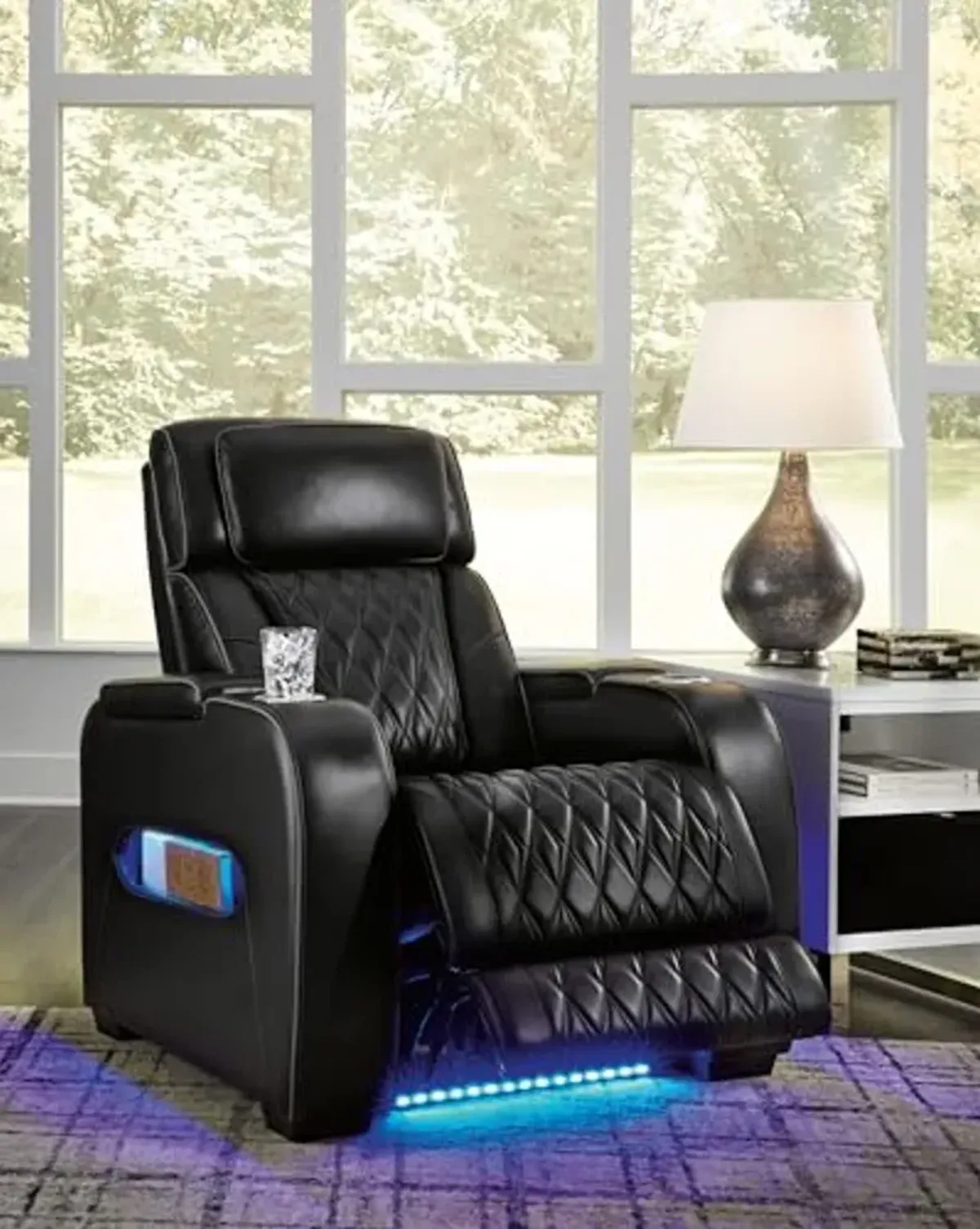 Signature Design by Ashley Boyington Contemporary Leather Match Power Recliner with Adjustable Headrest, Cup Holders, USB Port and Air Massage System, Black