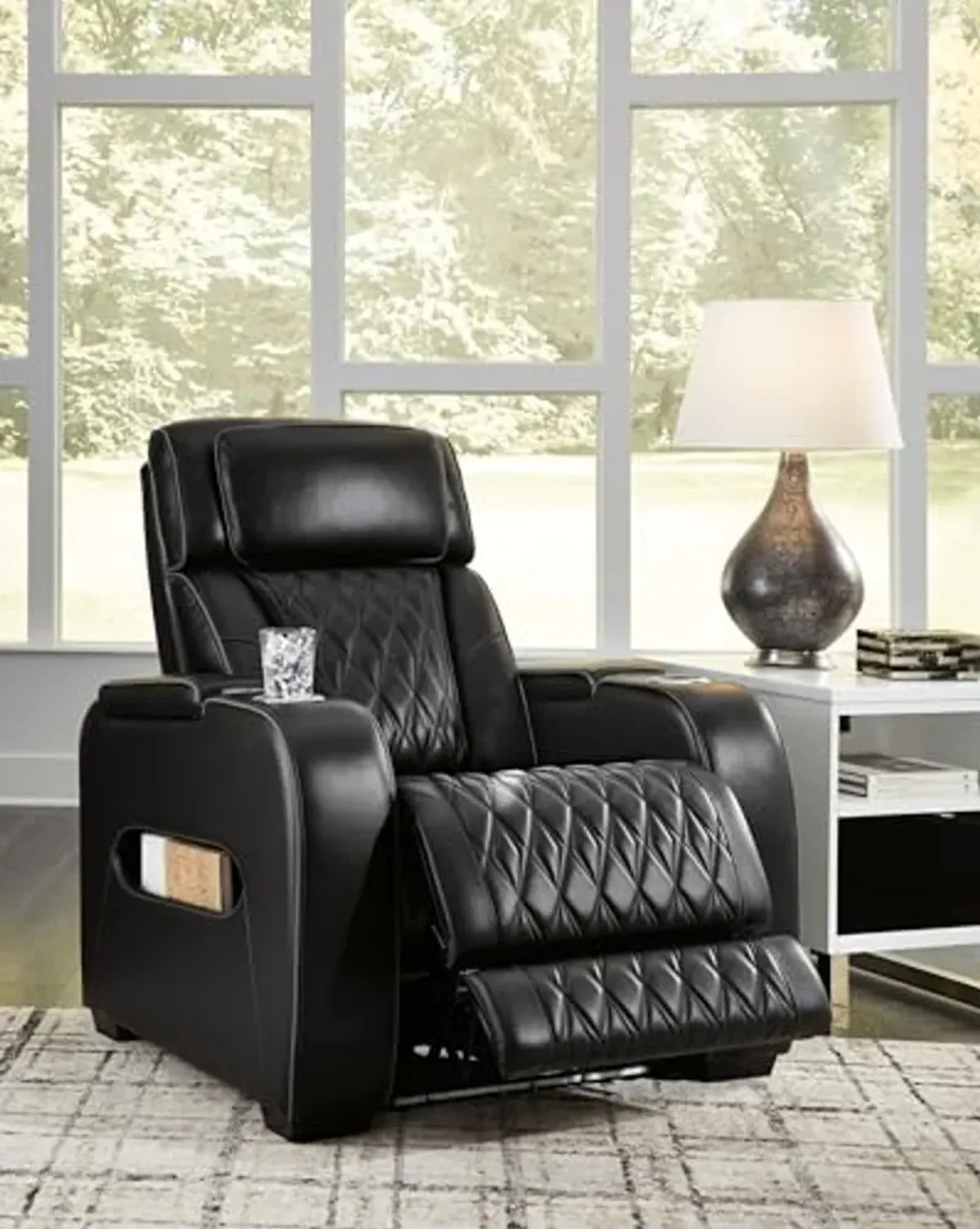 Signature Design by Ashley Boyington Contemporary Leather Match Power Recliner with Adjustable Headrest, Cup Holders, USB Port and Air Massage System, Black