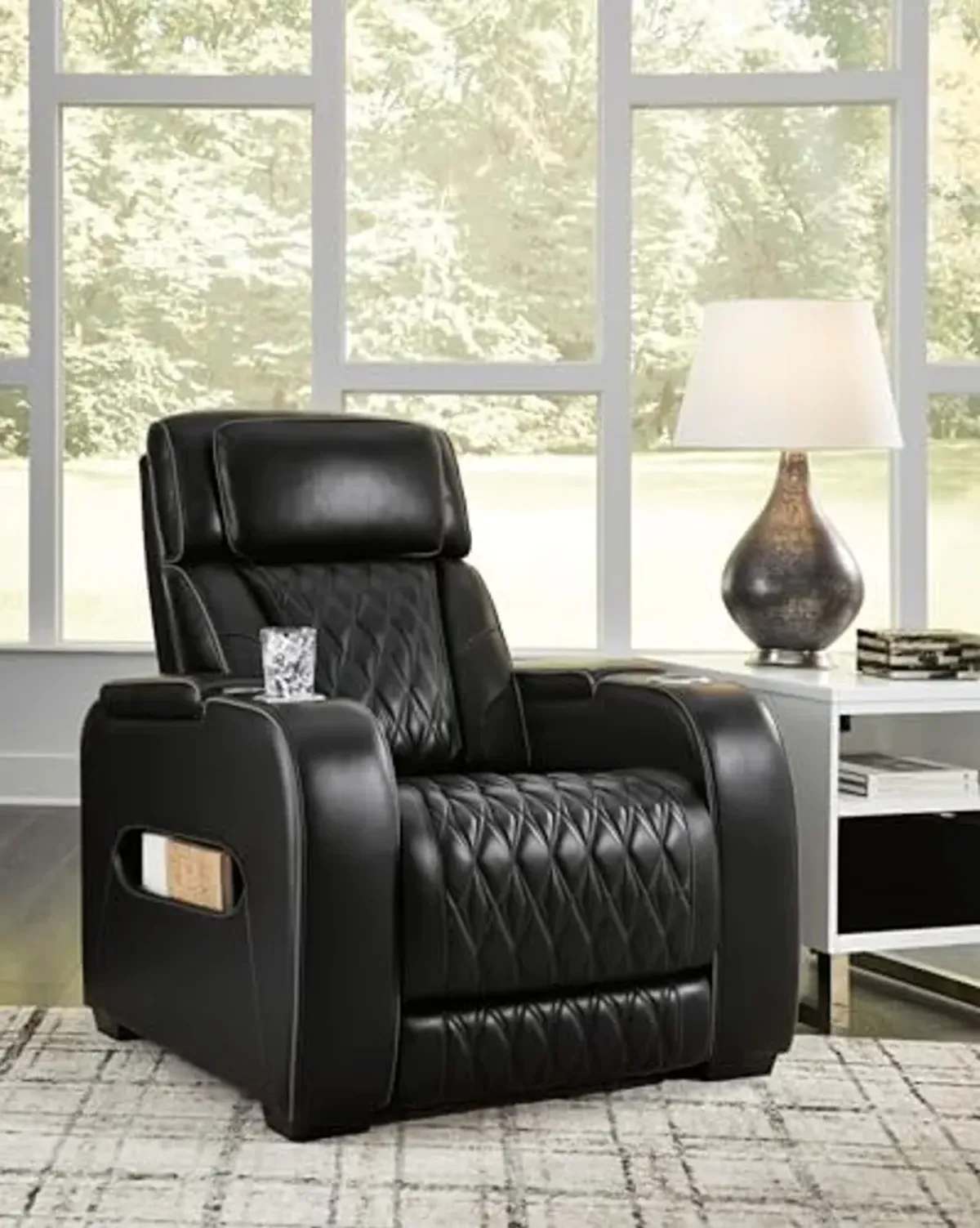 Signature Design by Ashley Boyington Contemporary Leather Match Power Recliner with Adjustable Headrest, Cup Holders, USB Port and Air Massage System, Black