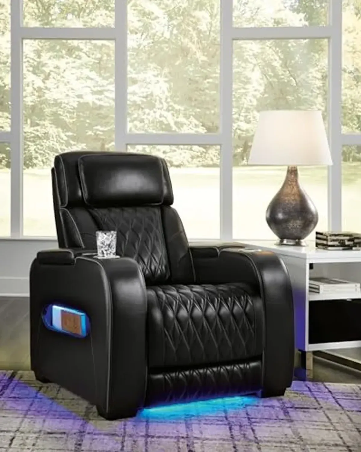 Signature Design by Ashley Boyington Contemporary Leather Match Power Recliner with Adjustable Headrest, Cup Holders, USB Port and Air Massage System, Black