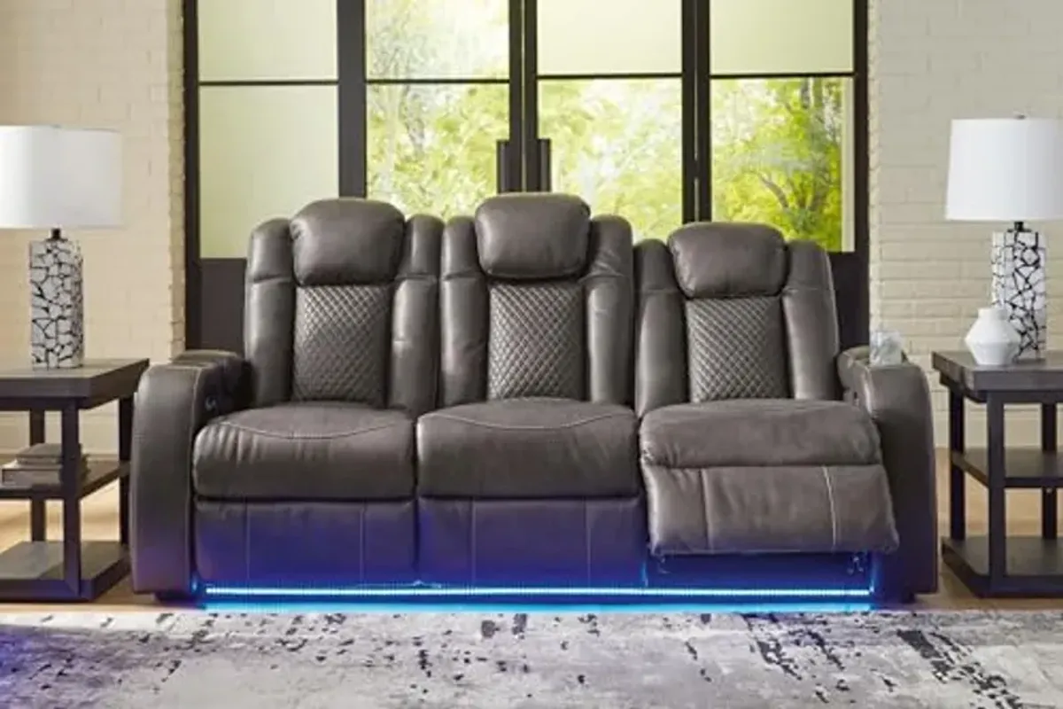 Signature Design by Ashley Fyne-Dyme Contemporary Faux Leather Power Reclining Sofa with USB Charging Ports and Adjustable Headrest, Gray