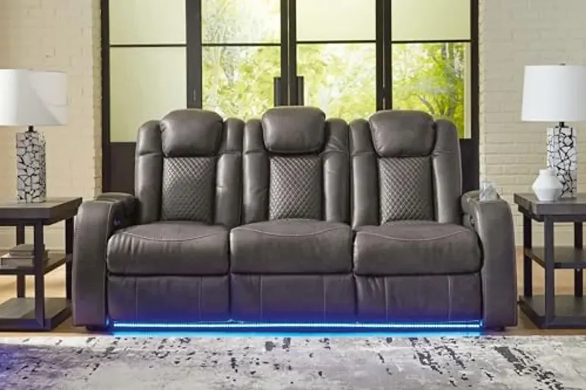 Signature Design by Ashley Fyne-Dyme Contemporary Faux Leather Power Reclining Sofa with USB Charging Ports and Adjustable Headrest, Gray