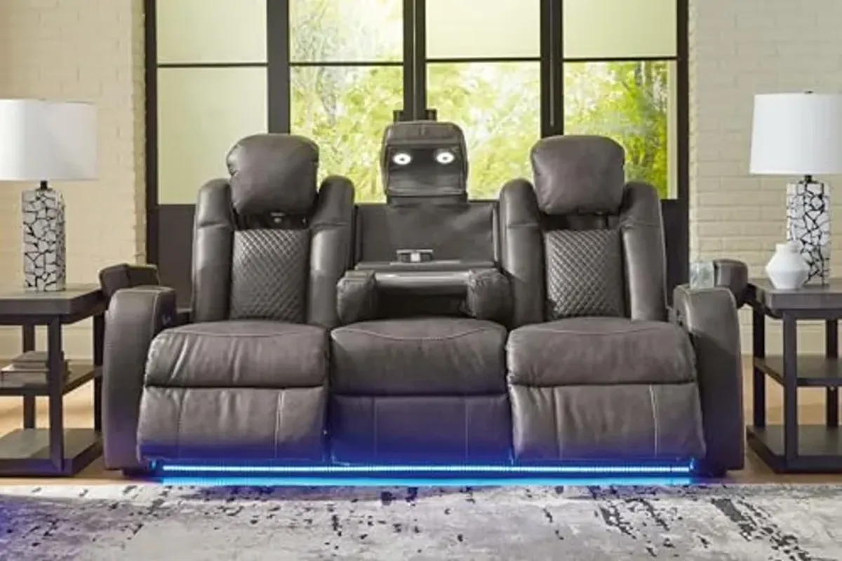 Signature Design by Ashley Fyne-Dyme Contemporary Faux Leather Power Reclining Sofa with USB Charging Ports and Adjustable Headrest, Gray