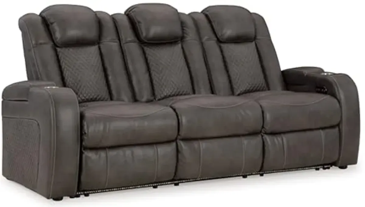 Signature Design by Ashley Fyne-Dyme Contemporary Faux Leather Power Reclining Sofa with USB Charging Ports and Adjustable Headrest, Gray