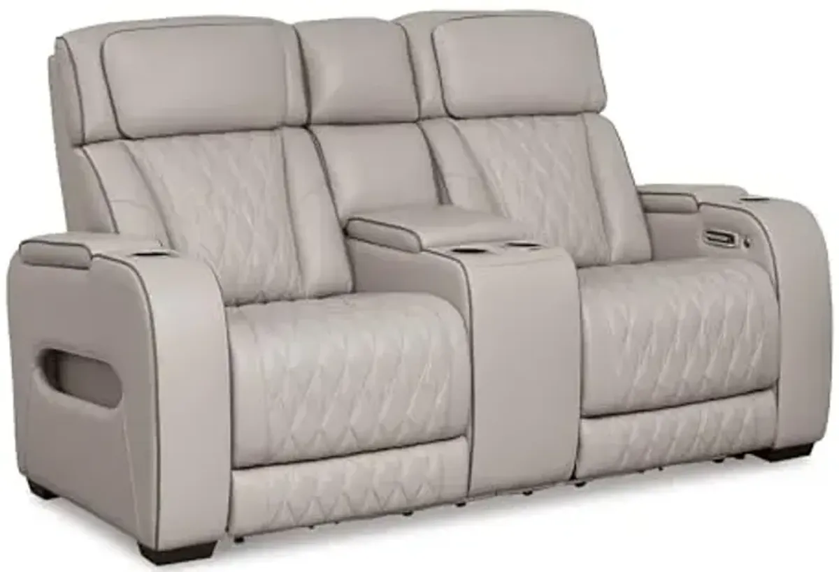Signature Design by Ashley Boyington Contemporary Leather Match Power Reclining Loveseat with Console and USB Charging Ports, LED Lights and Adjustable Headrest, Light Gray