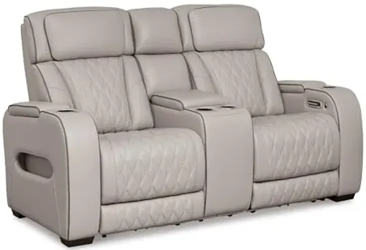 Signature Design by Ashley Boyington Contemporary Leather Match Power Reclining Loveseat with Console and USB Charging Ports, LED Lights and Adjustable Headrest, Light Gray
