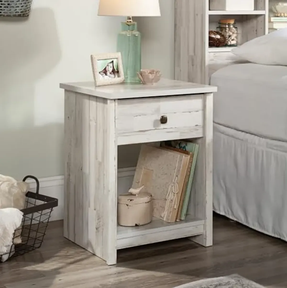 Sauder River Ranch Full-Queen Headboard and Nightstand, White Plank Finish