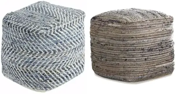 Signature Design Ashley Chevron Handmade Woven Denim Pouf and Decorative Pouf Bundle, Blue and White